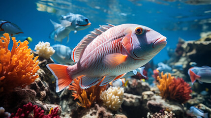 Underwater image of a tropical fish in the colorful corals