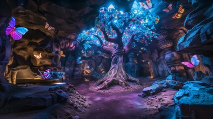 Deep within a mystical cavern, bioluminescent mushrooms cast an otherworldly glow, illuminating the intricate carvings adorning the walls. In the center of the cavern stands a majestic tree 