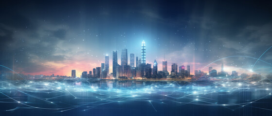 Futuristic Smart City Skyline with Abstract Network Connections at Dusk