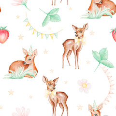 Watercolor seamless pattern with forest animals and natural elements. Baby deer, strawberry, plant, leaf, flowers. Woodland creatures in the wild. Illustration for nursery, wallpaper, happy birthday