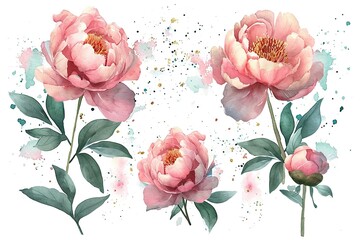 A set of watercolor floral elements. Peony flower and green leaves. Wedding concept flowers.
