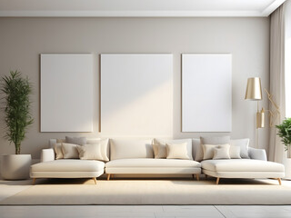 Light living room area with 4 blank canvas mockup designs.