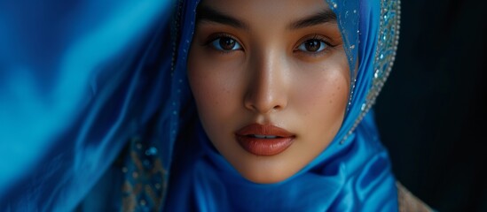 Beautiful young woman wearing a stylish blue head scarf looking at the camera with confidence