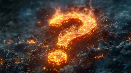Fotobehang Question Mark on Fire Burning on the Ground Ask Symbol Background © digitaldab