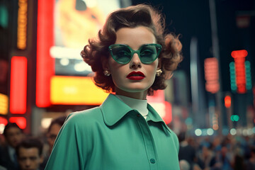1950's style portrait of a famous hollywood actress in times square NYC. Vibrant colors reminiscent of old slide film. - obrazy, fototapety, plakaty