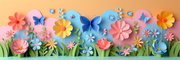 a row of paper flowers and grass on a table