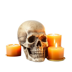 Skull and Candles Halloween Decorations, Day of the Dead decorations isolated on white and transparent background. Ideal for use in advertising. Generative ai