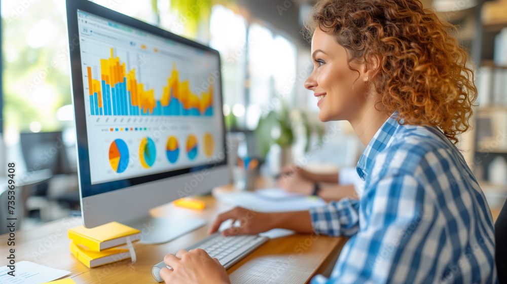 Poster a business analyst with curly hair examines complex data charts on a computer screen in a bright off