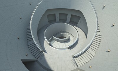 3D illustration of a Brutalist architectural structure with a circular base, stairs, and an obscured central element in a serene, minimalist atmosphere.