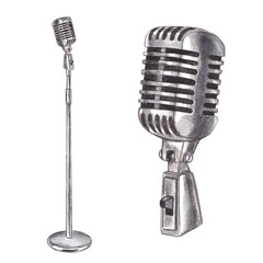 Vocal microphone. Watercolor hand drawn illustration of a vintage microphone of a musician on a stand. Clipart on a white background on the theme of music, rock, jazz, blues, radio, sound recording.