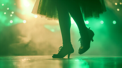 Pernas femininas de salto alto no fundo das luzes do palco. - obrazy, fototapety, plakaty