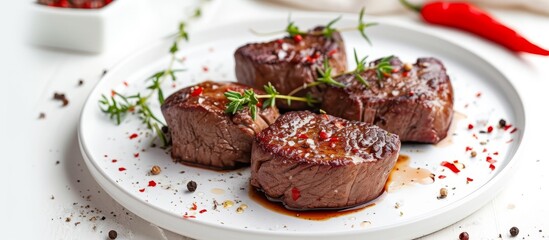 Delicious juicy grilled steak served with flavorful sauce and aromatic herbs on a white plate