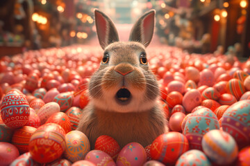 Fototapeta na wymiar Surprised bunny among Easter eggs. Easter scene.