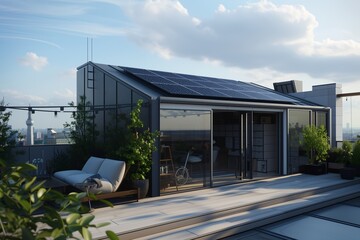 Street with modern style country houses with solar panels on the roof. Eco-friendly energy sources