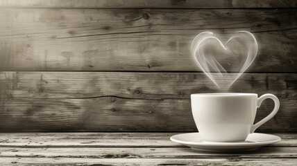 Vintage Elegance, Coffee Cup Adorned with Heart Steam on Aged Wood - obrazy, fototapety, plakaty