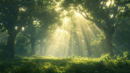 Forest glade with sun rays streaming though  - obrazy, fototapety, plakaty