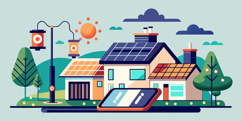 Obraz na płótnie Canvas Eco-friendly rooftop solar panel installation technology concept with the use of mobile application to monitor energy consumption. electricity, innovation, living, sustainable energy, illustration