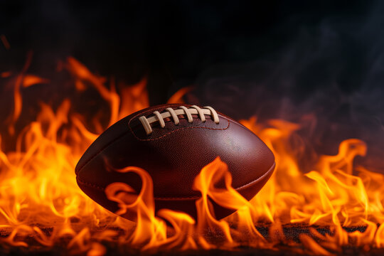 Rugby ball, American football is on fire on black background, quick hot game concept