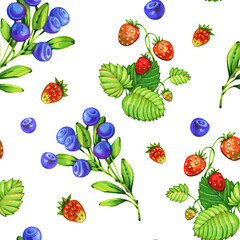 Watercolor ripe strawberries, blueberry seamless pattern. Organic sweet, juicy food tile. Hand drawn summer fruit botanical background. Repeatable texture, kitchen wallpaper, fabric, textile, menu