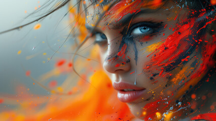 Close up portrait of a fierce young woman with that look in her eye, covered in paint energy