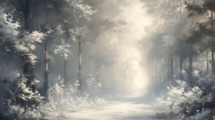 Fototapeta na wymiar Pure spirit like landscape of snow, fog and trees