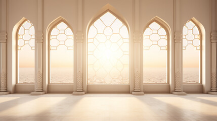 Sunrise through Ornate Windows of a Traditional Mosque Interior