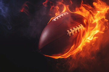 Rugby ball, American football is on fire on black background, quick hot game concept