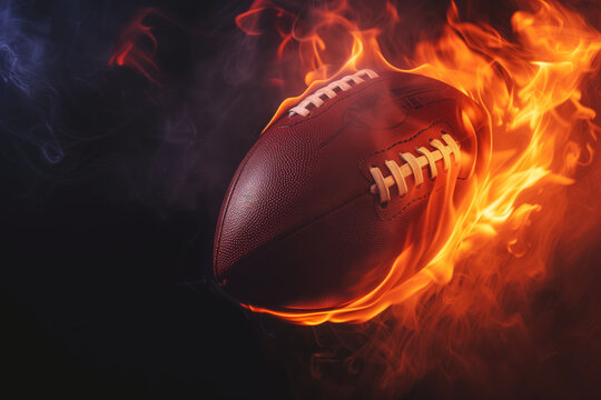 Rugby ball, American football is on fire on black background, quick hot game concept - Powered by Adobe