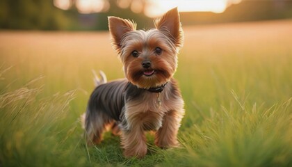 Yorkshire Terrier, dog at dawn, purebred dog in nature, happy dog, beautiful dog