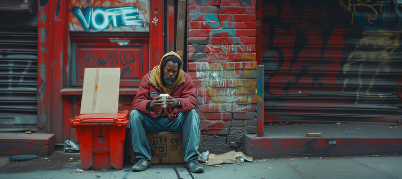 Lonely homeless black man dressed old clothes sitting on the dirty littered narrow american big city street with bright graffiti walls. Social issues, poverty, alcohol addictions concept image.