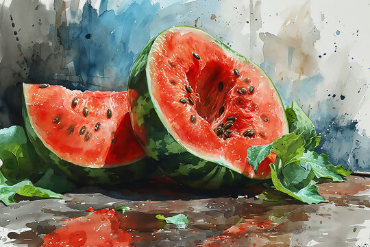 Watercolor watermelon. Watercolor painting. Still life. Sliced watermelon.