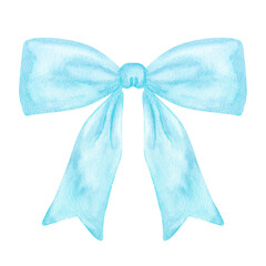 Decorative blue bow with long ribbon. Accessory little girl. Hand drawn watercolor illustration isolated on white background. For gender reveal party, baby shower, children's design