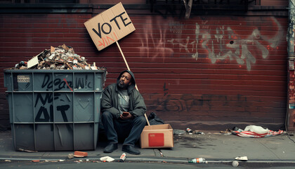 Lonely homeless man dressed old clothes sitting on the dirty littered narrow american big city...