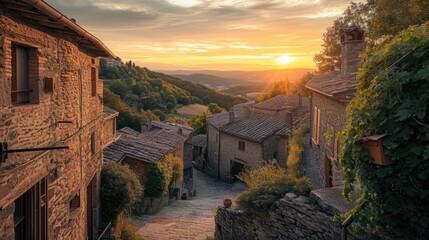 The warm glow of sunset bathes an old Tuscan village, with its historic stone buildings and rolling hills in the background. Resplendent.