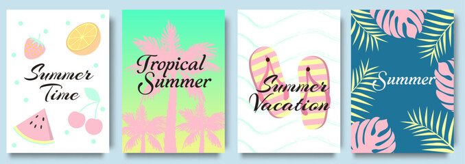 Summer set vector poster design. Hello summer text with tropical fruits and summer elemets layout background. Summer holidays, journey, vacation travel illustrations