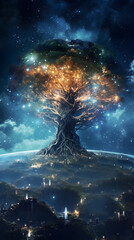 world tree behind a city