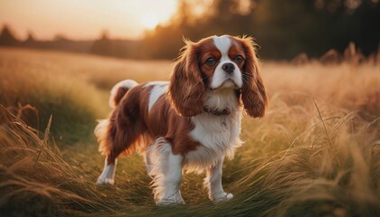 Cavalier king charles spaniel, dog at dawn, purebred dog in nature, happy dog, beautiful dog