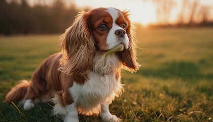 Cavalier king charles spaniel, dog at dawn, purebred dog in nature, happy dog, beautiful dog