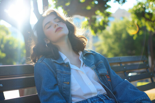 Young woman wearing denim jacket with closed eyes enjoying a serene moment on a park bench, bathed in golden sunlight. Concept of urban tranquility and casual style