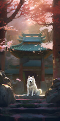 Buddhist wolf meditating temple cherry tree