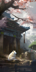 Buddhist wolf meditating under a cherry tree