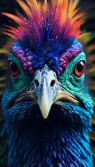 close-up face peacock rainbow cinematic