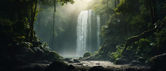 Tropical Rainforest with a Tranquil Waterfall and Stream - obrazy, fototapety, plakaty