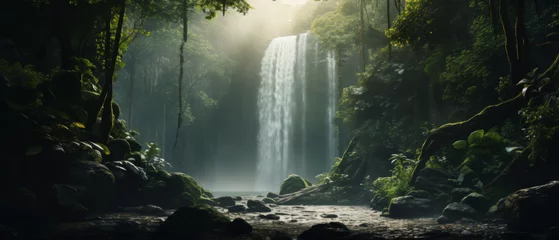 Fotobehang Tropical Rainforest with a Tranquil Waterfall and Stream © Priessnitz Studio