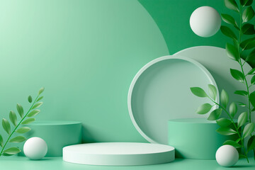 Cylinder podium for product demonstration on green background with nature elements like leaves, plants and flowers