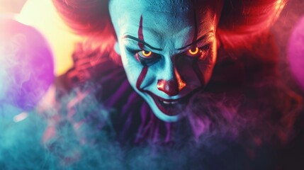 The image captures a close-up of a clown's face with intense yellow eyes and sharp red lines running from the eyes to the lips, enhancing its fearsome expression. The clown's white face, contrasted wi