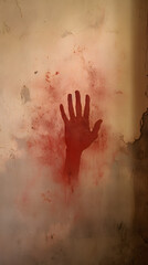 dark bloody handprints on a white wall