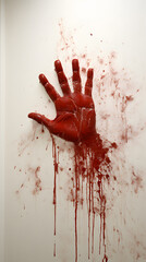 dark red smeared handprints on a white wall