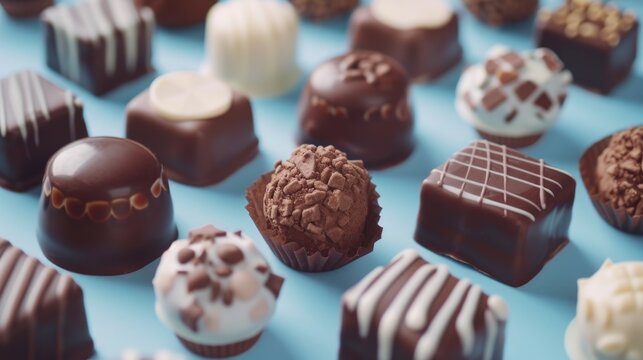The image showcases a delightful variety of gourmet chocolates with various designs and toppings, neatly arranged on a soft blue surface. The chocolates have different shapes like spheres, cubes, and 