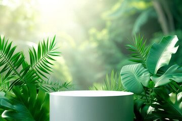 Cylinder podium for product demonstration on green background with nature elements like leaves, plants and flowers